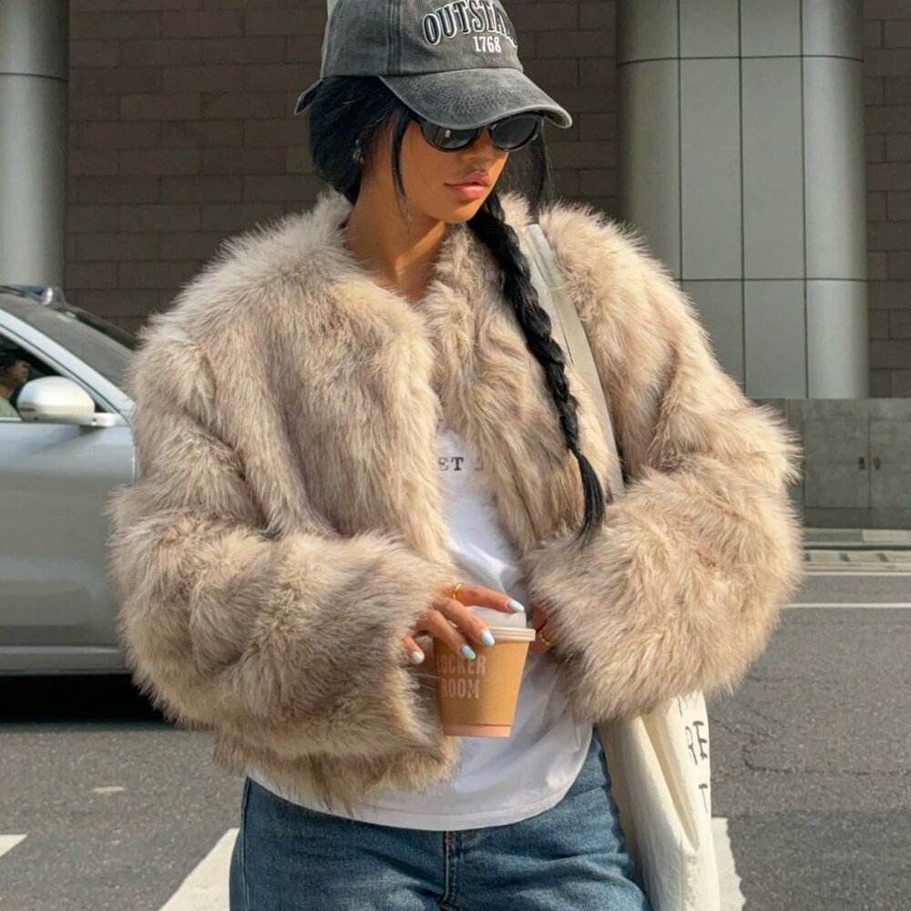 Khaki Casual Women's Long Sleeve Fluffy Jacket - Picture 1 of 7
